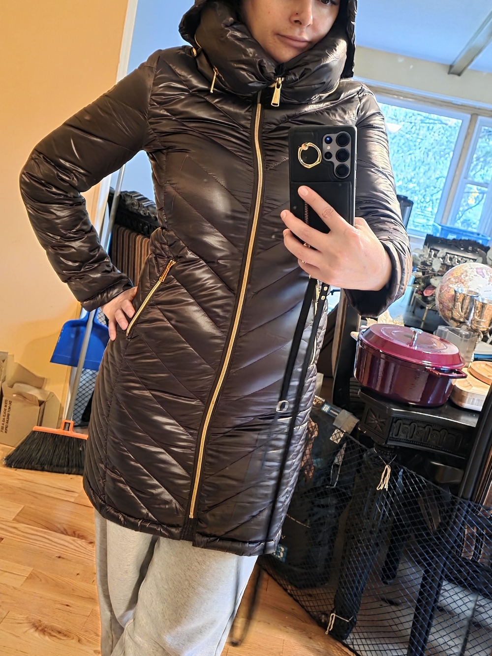 Michael Kors Dark Brown Long Quilted Hooded Puffer Coat with Gold Zipper